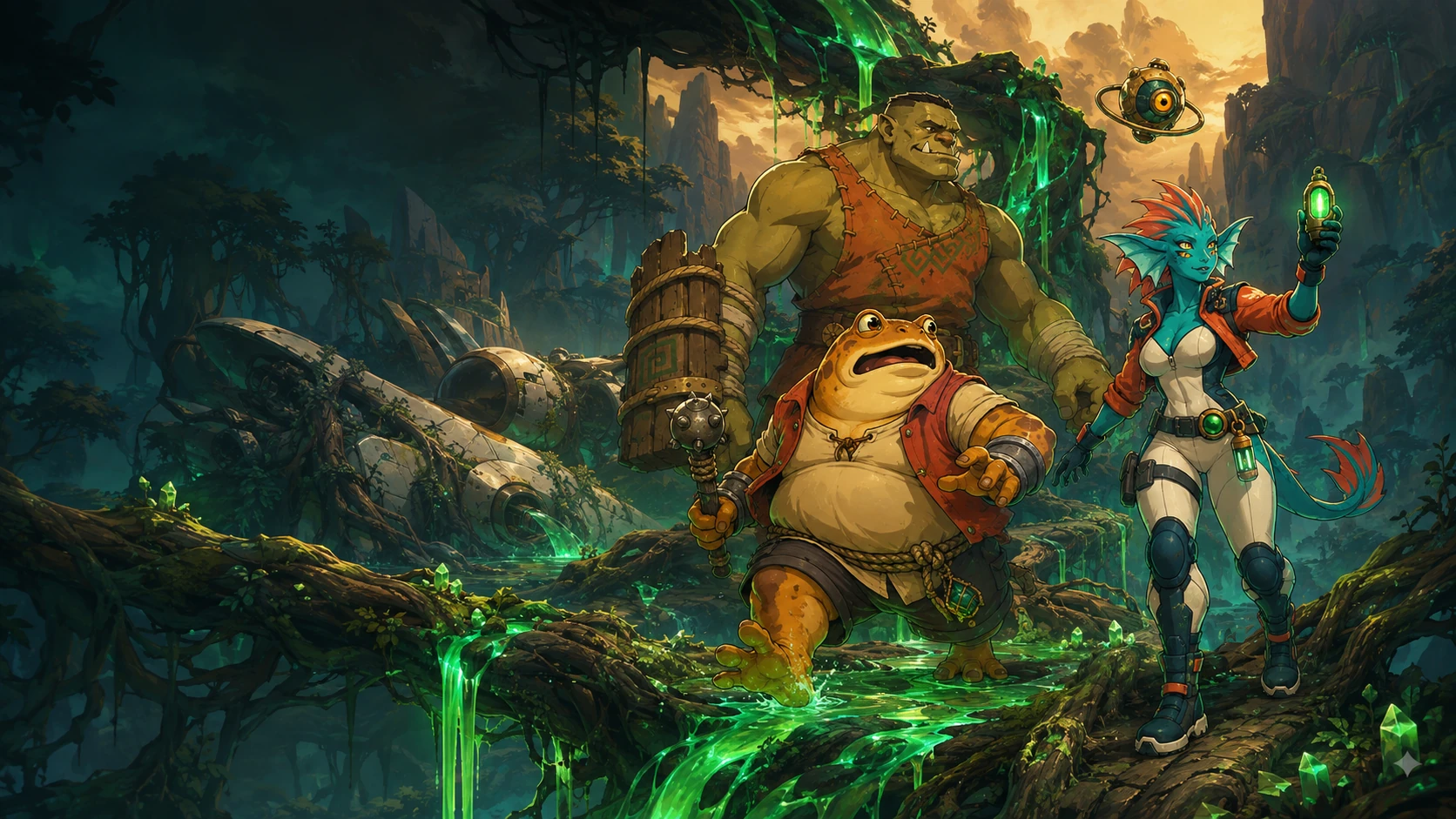 Grakk the orc, Hakon the amphibian and Vex the alien pilot cross roots glowing with fluorescent green sap, accompanied by a floating core.