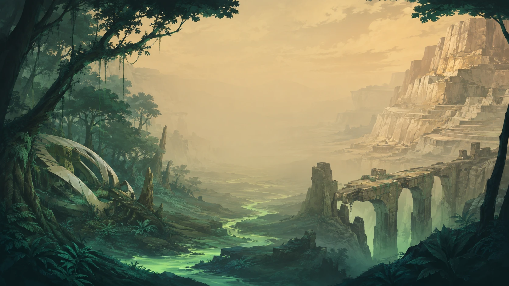 A green sap watercourse leads through a forest toward an ancient causeway among limestone cliffs, with a stranded spacecraft hull on the left.